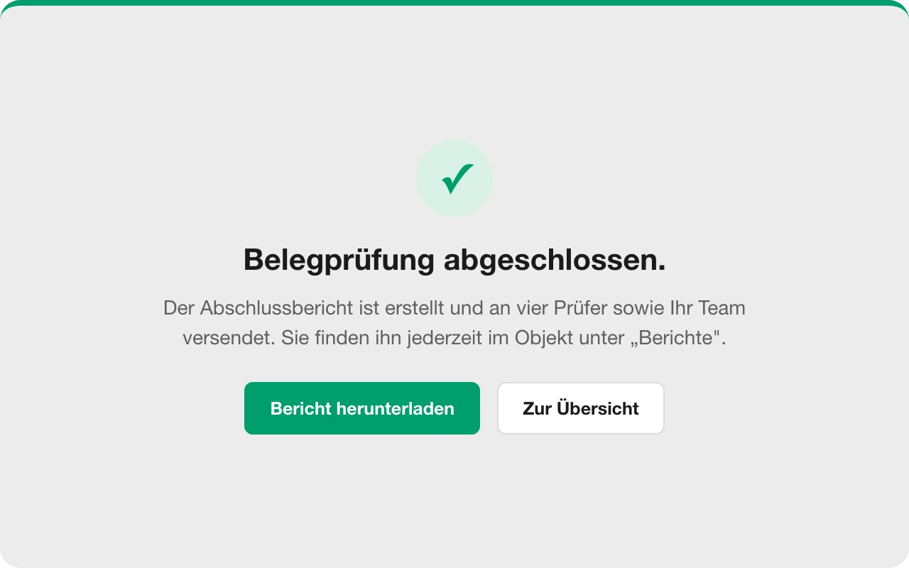 Bestätigung der abgeschlossenen Belegprüfung mit Abschlussbericht zum Download