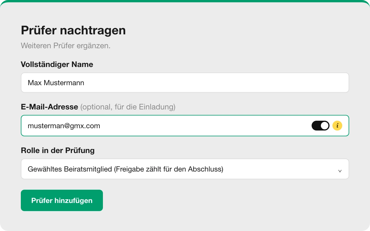 Formular zum Nachtragen eines Prüfers mit Name, E-Mail und Rolle