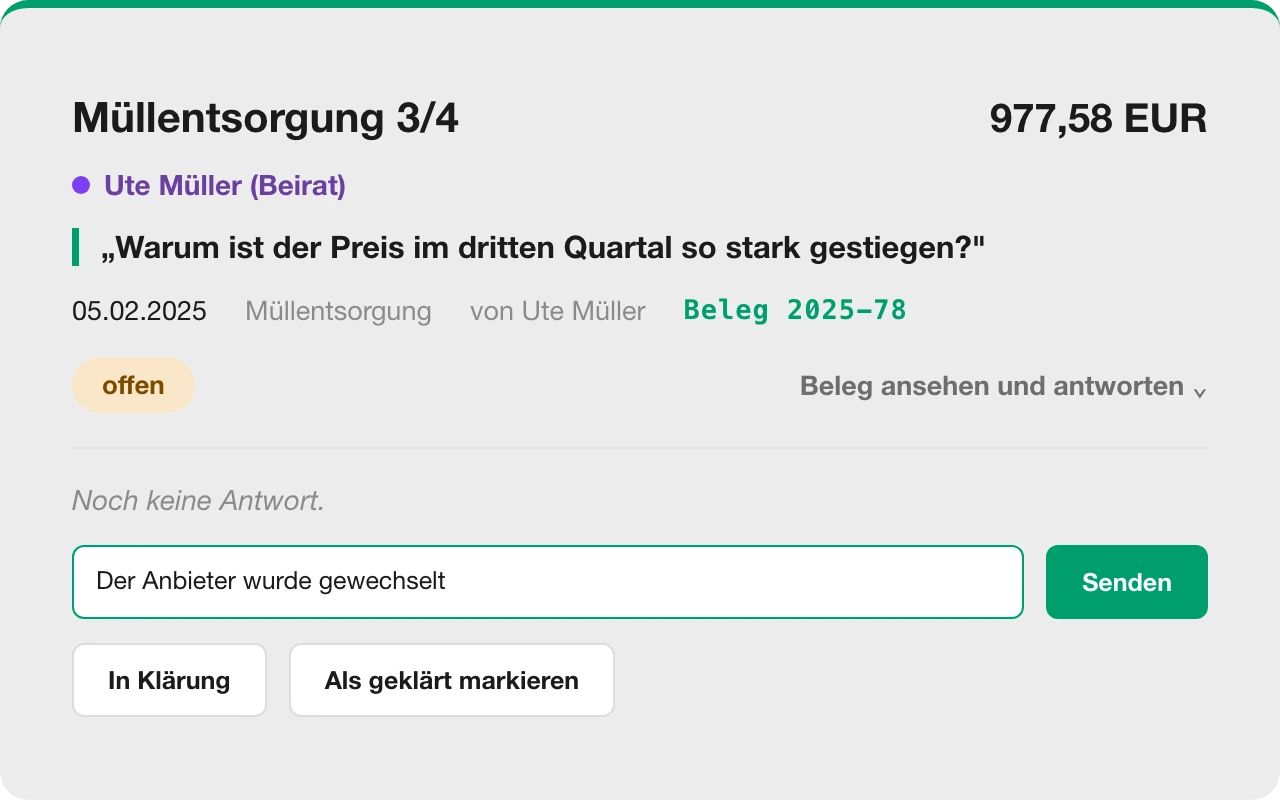 Rückfrage eines Beirats zu einem Beleg mit Antwortfeld des Verwalters