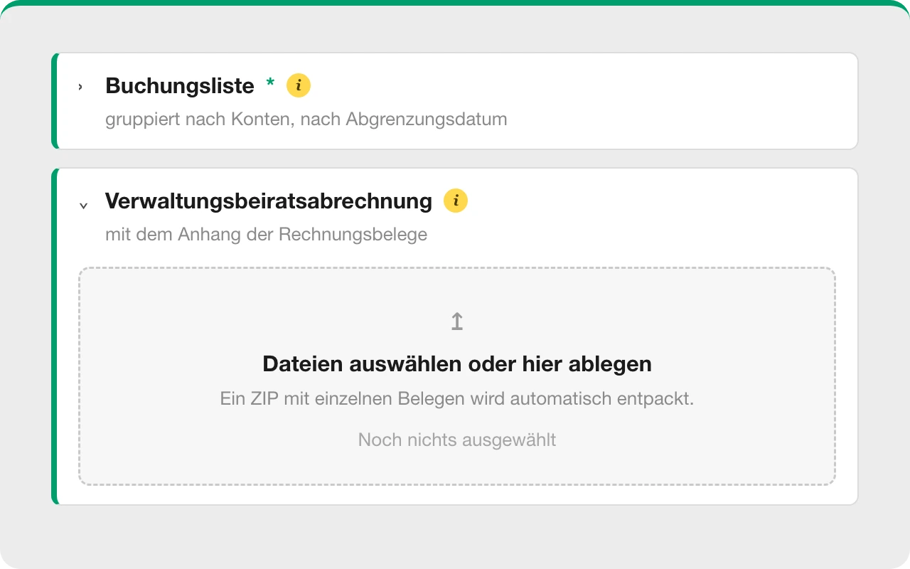Auswahl der Unterlagen und Upload-Feld für die Rechnungsbelege